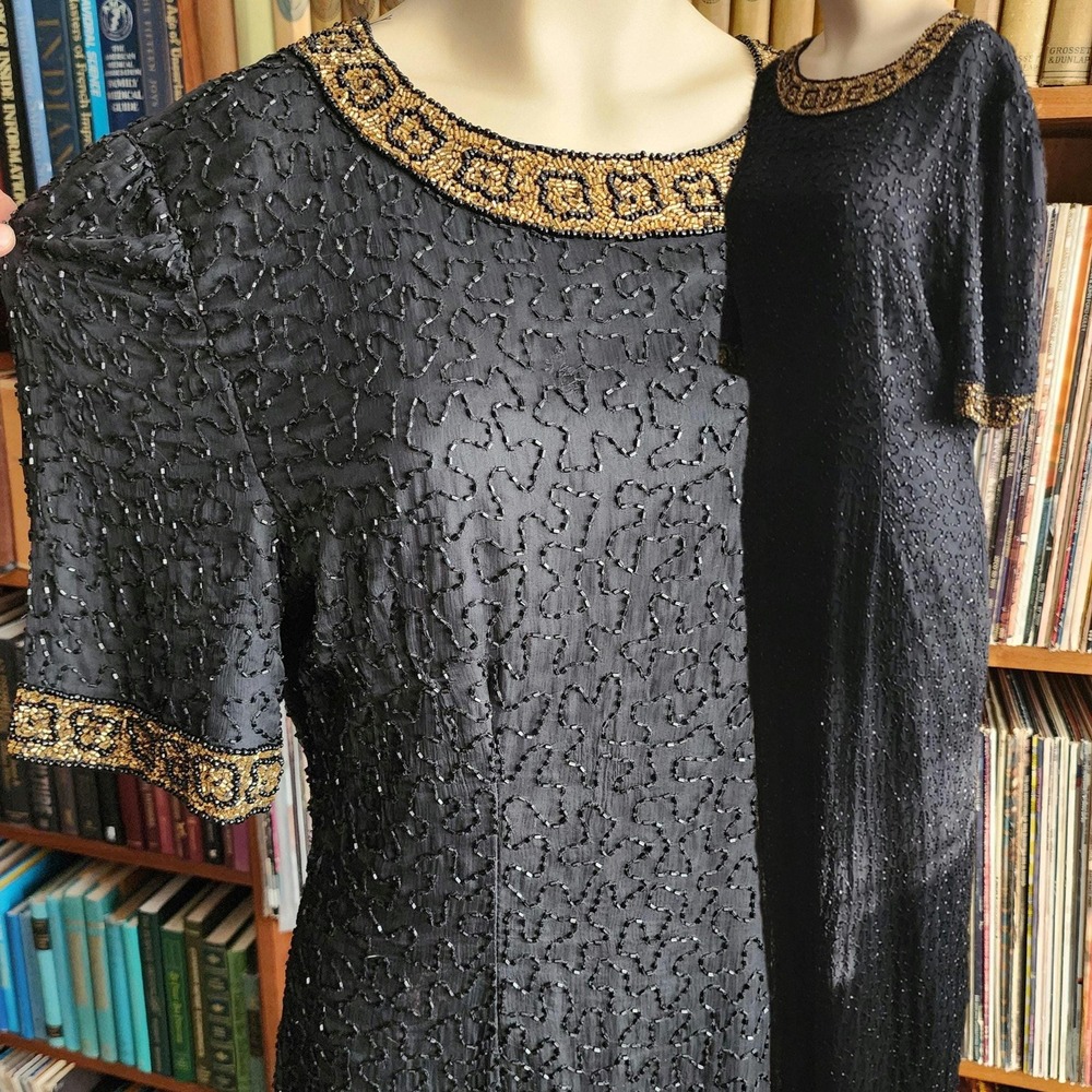 Mark & John by Gopal Vintage Silk Beaded Art Deco Maxi Dress Black Gold Medium